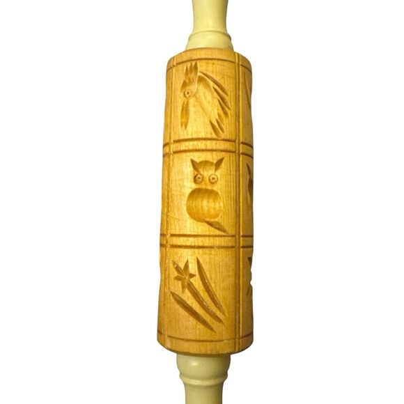 Birds Vintage Embossed Wood Rolling Pin Dough Roller Cookies 14" Engraved owl - Picture 6 of 6